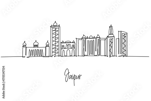 single line drawing of Jaipur city skyline highlighting Rajasthan heritage monuments and urban silhouettes, a minimalist art concept themed to the Pink City with palaces forts domes and towers.