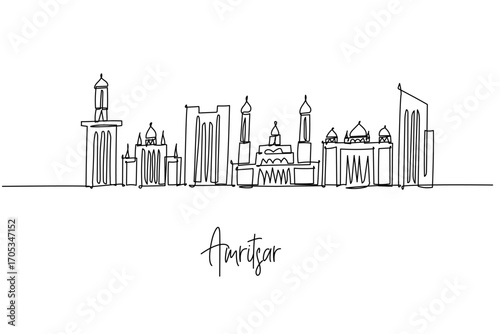 continuous line drawing of Amritsar city skyline featuring Punjab heritage and sacred architecture, a minimalist art concept themed to the holy city with Golden Temple domes minarets gates and towers.