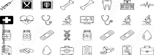 Medical and healthcare vector icon set. Solid and outline icons of medicine, injection, X-ray, bone, teeth, and hospital illustration.