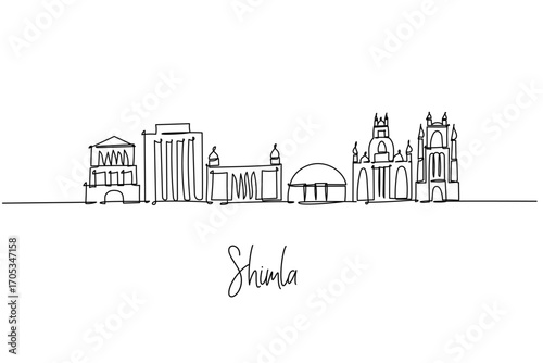 single line drawing of Shimla city skyline depicting Himachal Pradesh hill station architecture, a minimalist art concept themed to the Queen of Hills with Christ Church ridge towers and landmarks.