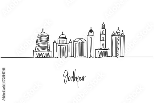 single line drawing of Jodhpur city skyline highlighting Rajasthan desert heritage architecture, a minimalist art concept themed to the Blue City with Mehrangarh Fort palaces domes gates and towers.