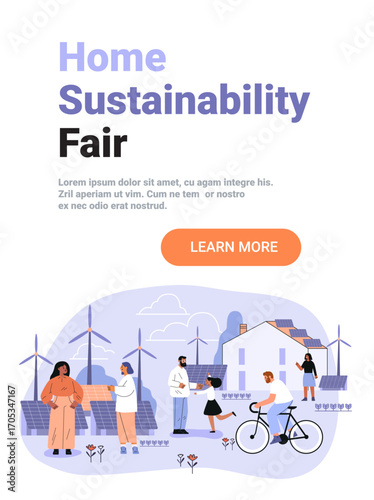 Home sustainability eco friendly living renewable energy people interacting wind turbines solar panels house cycling outdoor landscape website banner