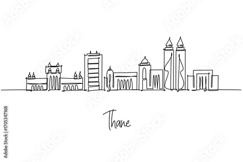 continuous line drawing of Thane city skyline capturing Maharashtra lake city architecture and urban growth, a minimalist art concept themed to Mumbai region with towers temples offices and bridges.