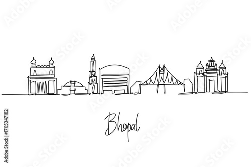 continuous line drawing of Bhopal city skyline depicting Madhya Pradesh lakeside landmarks and monuments, a minimalist art concept themed to the city of lakes with mosques bridges domes and gates.