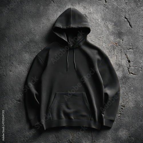 Minimalist Black Hoodie Mockup on Textured Dark Gray Concrete Background