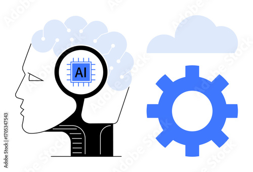 Human head profile with AI microchip in the brain connected to cloud and gear. Ideal for AI, technology, machine learning, automation, innovation, data integration, and digital analysis. A simple