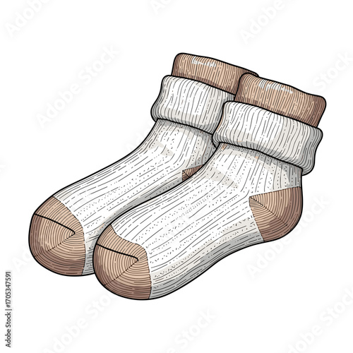 Warm wool socks in white and brown tones illustration