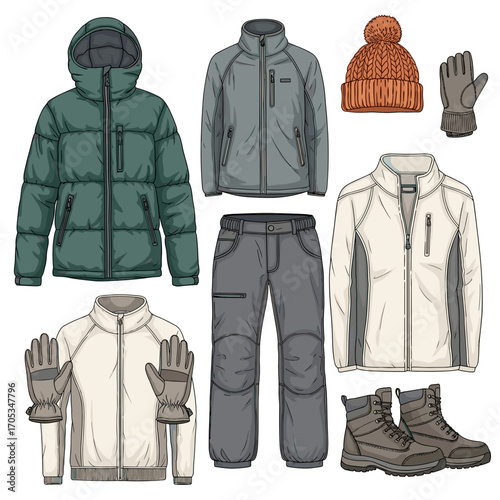 Winter clothing and accessories set in flat illustration style