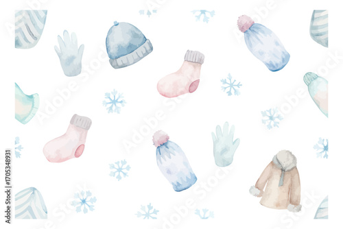 Watercolor seamless pattern with mittens and winter clothes vector illustration