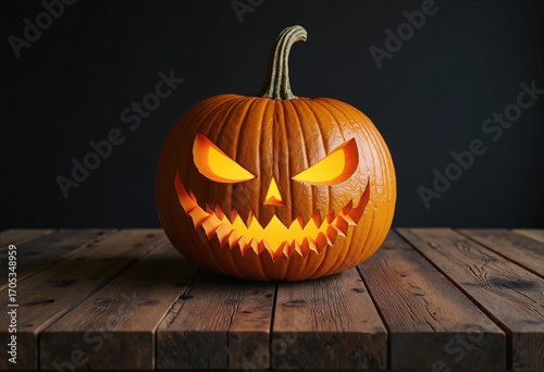 Scary halloween pumpkin placed on wooden table