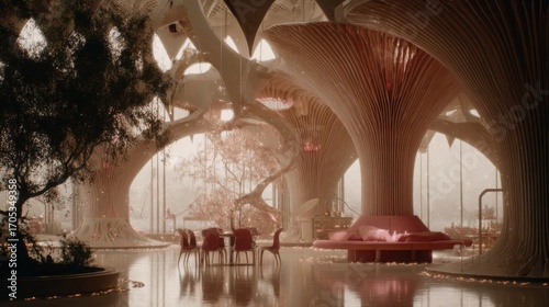 Fototapeta Naklejka Na Ścianę i Meble -  The organic, flowing interior of a futuristic space station with bioluminescent plants.