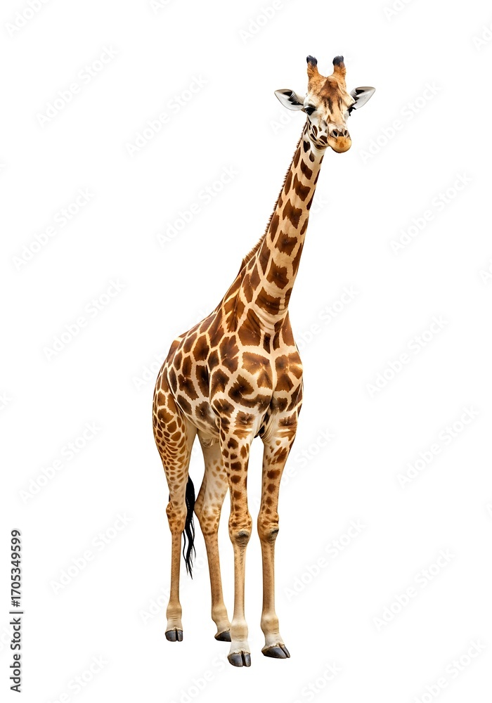 Naklejka premium Elegant giraffe portrait standing tall against a stark white backdrop