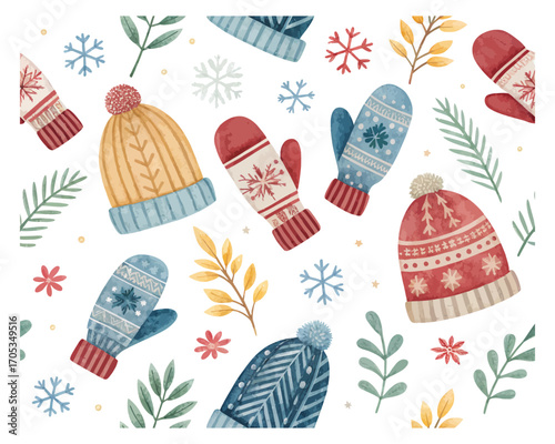Watercolor seamless pattern with mittens and winter clothes vector illustration