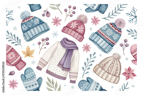 Watercolor seamless pattern with mittens and winter clothes vector illustration isolated on white background
