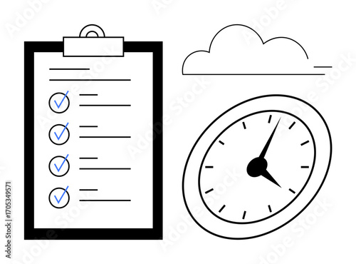 Clipboard with a checklist, analog clock, and a minimalist cloud design. Ideal for time management, task planning, productivity, deadlines, organization scheduling workflow. Simple flat metaphor
