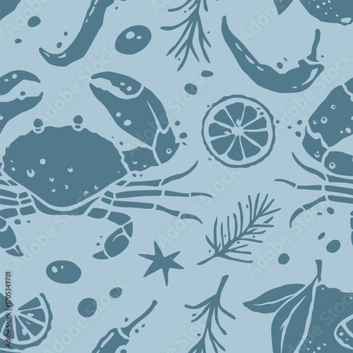 Crab and Lemon Silhouettes with Chili Pepper Blue Seamless Pattern Vector Design