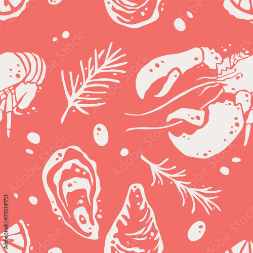 Lobster and Oysters Silhouettes with Rosemary Branches on Red Background Repeatable Pattern Vector