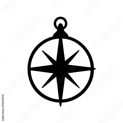 Black silhouette of a compass rose pendant, nautical navigational symbol