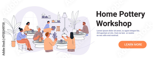 Home pottery workshop group creative activity people making ceramics on pottery wheels indoor plants cozy room pastel colors website banner