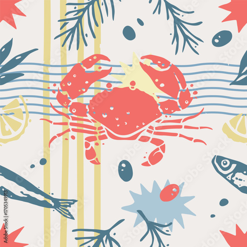 Sardine and Red Crab Silhouettes Seamless Pattern with Rosemary Vector Endless Design