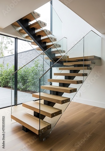 Floating staircase design featuring wood treads and frameless glass railing