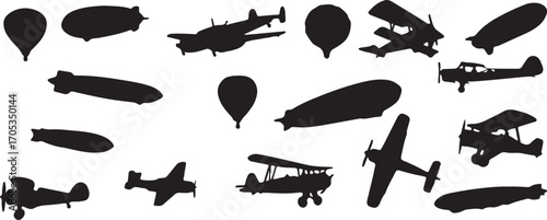airplane silhouette vector, hot air balloon doodle, zeppelin outline sketch, aircraft shadow icons, travel plane outline, flight doodle drawing, aviation balloon icons, plane cartoon shadow, flying ai