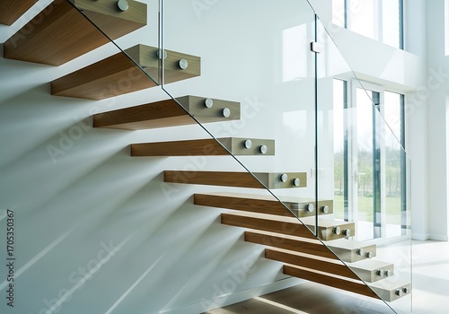 Floating wooden staircase with glass balustrade modern interior design