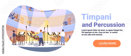 Timpani percussion musicians performing on stage concert hall spotlight audience modern orchestra instruments colorful background website banner