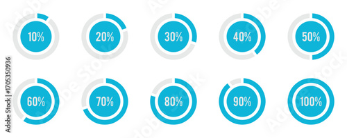 Set of circular sector arc percentage diagrams meters progress bar from 0 to 100. User Interface UI UX or Infographic. Loading indicator colorful progress on white background. Vector illustration
