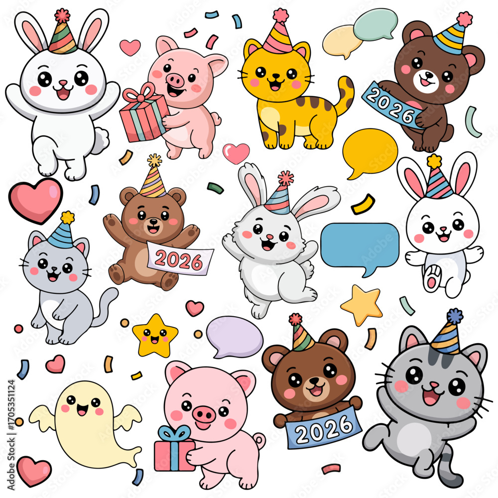 Obraz premium Cute Cartoon Animals Celebrating New Year 2026 with Party Hats and Confetti