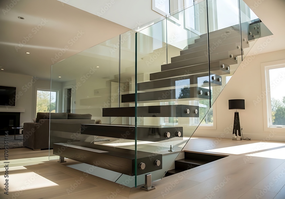 Fototapeta premium Modern interior design showcasing floating stairs with glass railing