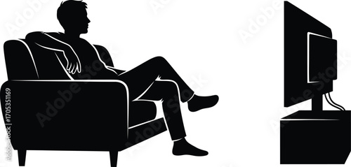 Person Relaxing on a Sofa Watching Television - Vector Silhouette
