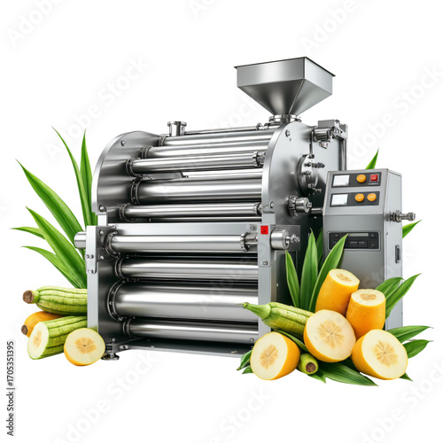 High quality fruit juice extractor machine with stainless steel design, surrounded by fresh
