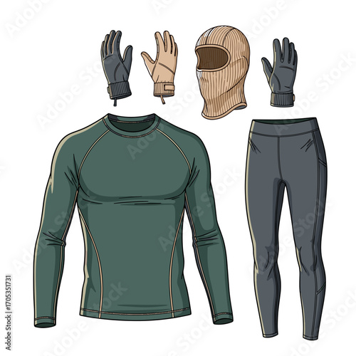 Winter base layer clothing set with gloves and balaclava illustration
