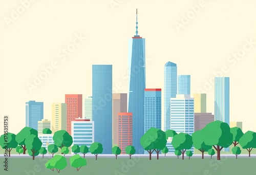 Geometric minimal city buildings, skyscrapers, trees Flat vector illustration for city constructor,  construction, city