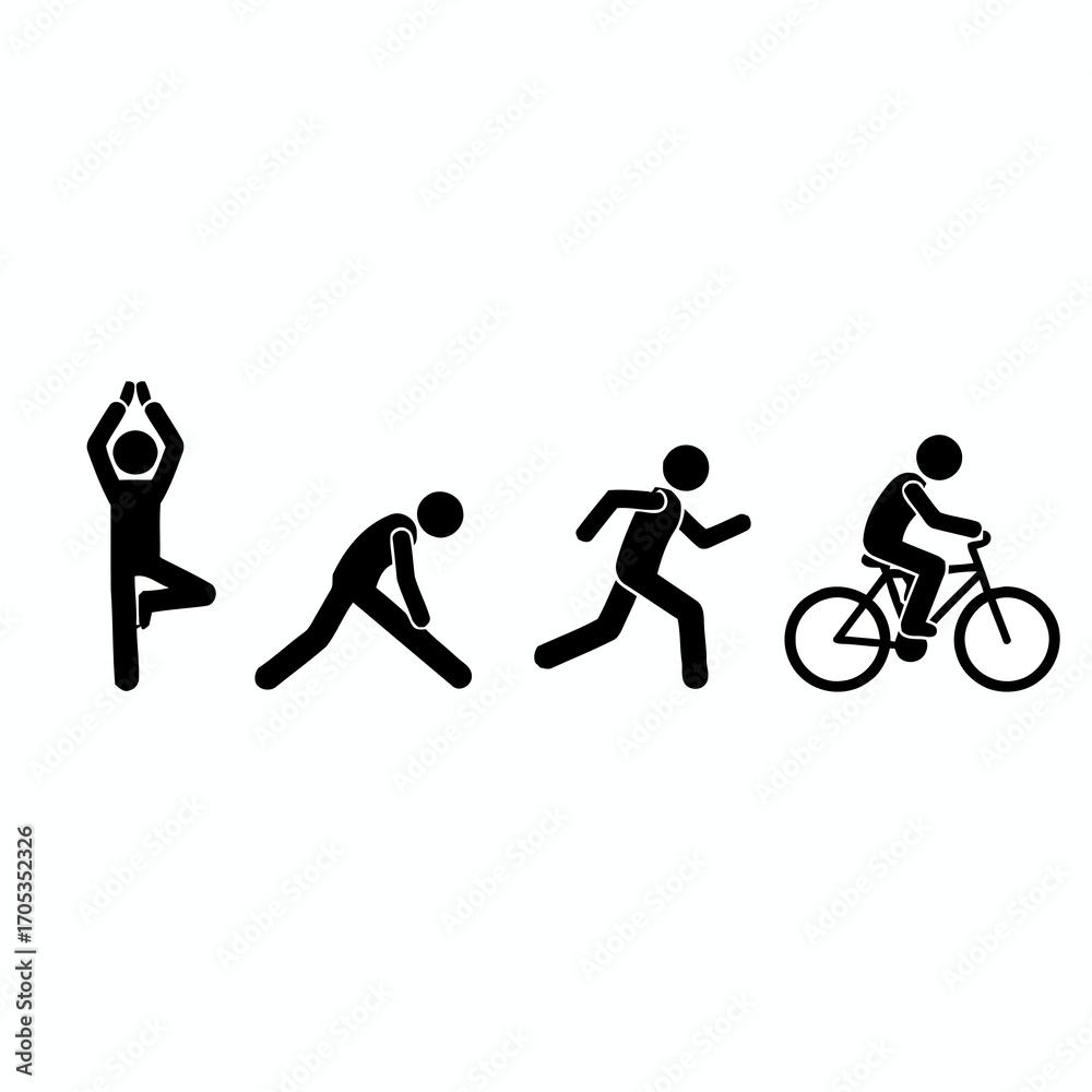 Obraz premium Vector pictogram collection of a person engaged in fitness exercises including yoga, stretching, running, and biking for a healthy lifestyle