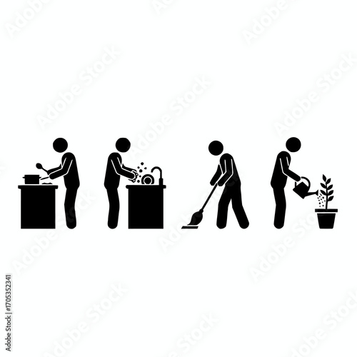 A collection of human pictograms representing daily routines and domestic chores like cooking, dishwashing, floor cleaning, and plant watering at home