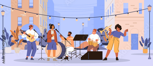 Street band music performance outdoor concert musicians playing instruments urban cityscape background plants string lights modern flat banner