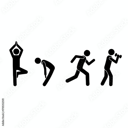 Pictogram collection illustrating a complete workout routine for physical fitness, including cardio, strength training, flexibility, and balance