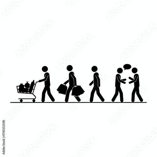 A sequence of stick figure icons depicting daily life activities, from grocery shopping with a cart to meeting and talking with people