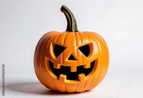 Happy Jack O Lantern halloween pumpkin isolated on white background, copy space