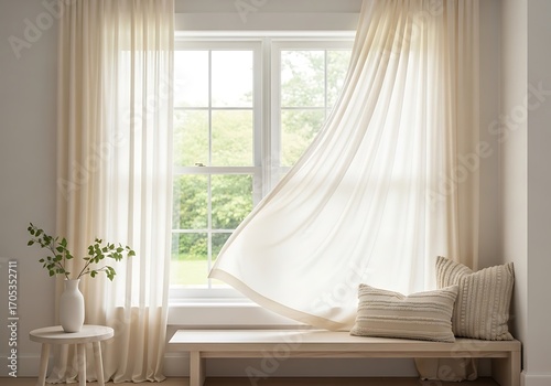 Serene interior ambiance featuring airy curtains and natural daylight