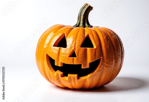 Happy Jack O Lantern halloween pumpkin isolated on white background, copy space