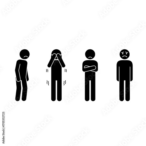 A collection of stick figure pictograms illustrating negative human emotions such as sadness, anxiety, anger, and despair, representing mental health issues