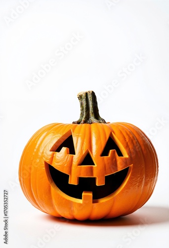 Happy Jack O Lantern halloween pumpkin isolated on white background, copy space