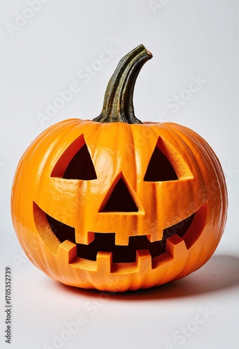 Happy Jack O Lantern halloween pumpkin isolated on white background, copy space
