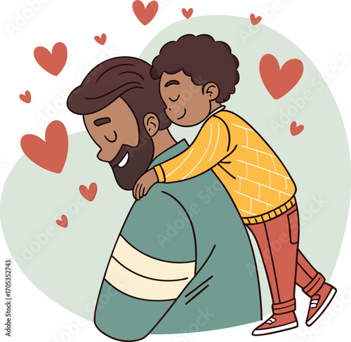 Vector art of a sweet fathers day illustration showcasing a father carrying his child on his back, surrounded by hearts, symbolizing love and connection