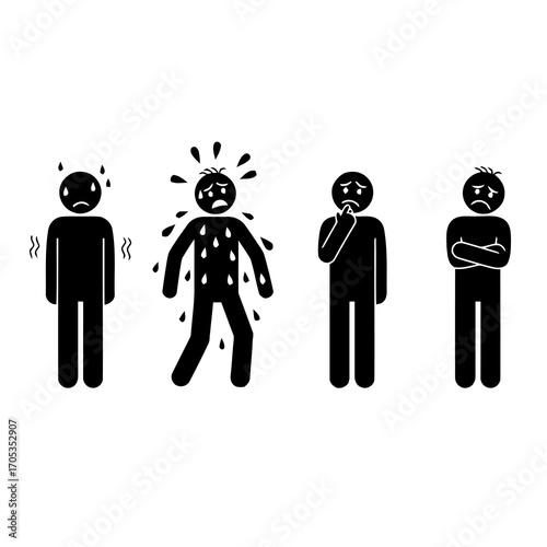 A collection of stick figure icons illustrating various negative human emotions and physical symptoms like fever, sweating, anxiety, and sadness