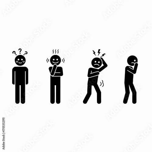 A simple illustration of stick figures displaying various states of mental distress, such as anxiety, confusion, fear, and pain