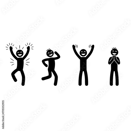 A set of simple stick figure icons expressing a range of positive human emotions such as joy, excitement, celebration, and gratitude on an isolated background